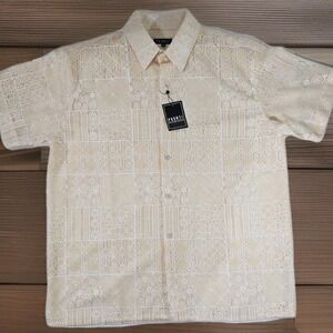 Pronti Lace Button Up Shirt Mens 2XL Cream Geometric Crochet Resort Short Sleeve